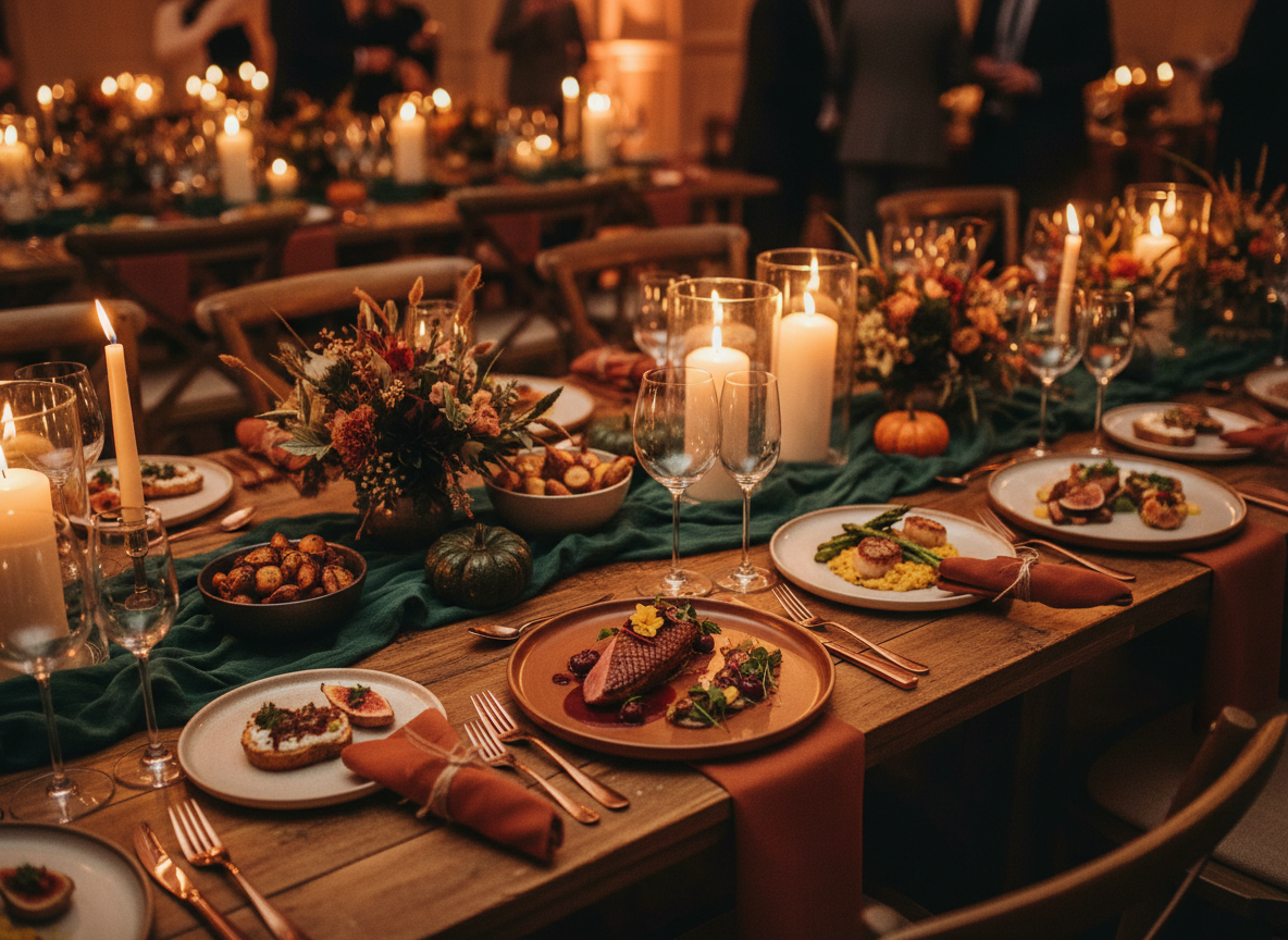 Mesa de banquete elegante con platos gourmet y luz cálida