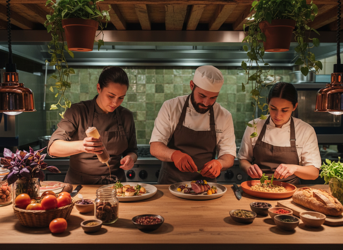 Equipo de chefs emplatando platos gourmet en cocina profesional