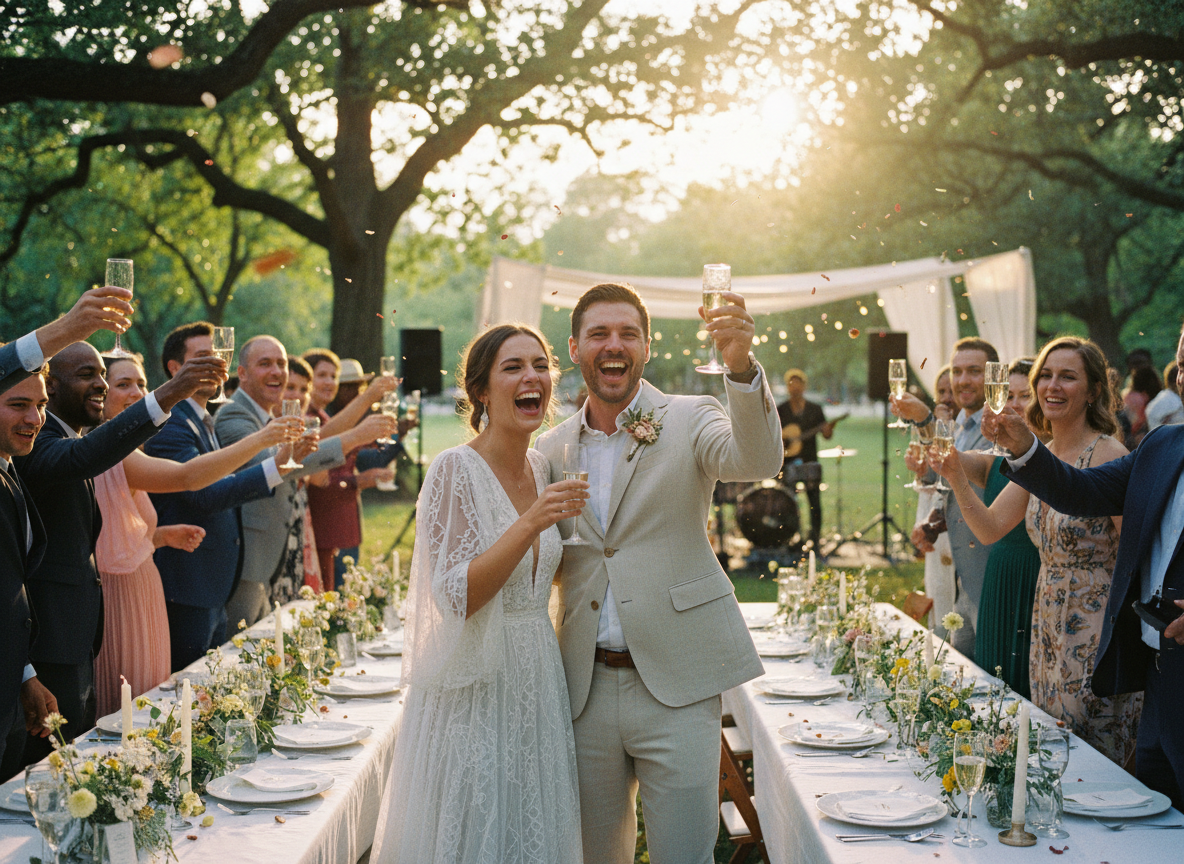 Candid wedding photo, bride and groom laughing and celebrating with guests at an outdoor reception in a park. Natural light, genuine emotions, guests raising glasses in a toast, warm golden hour lighting, elegant but relaxed atmosphere, real photography style, film grain, authentic moment captured